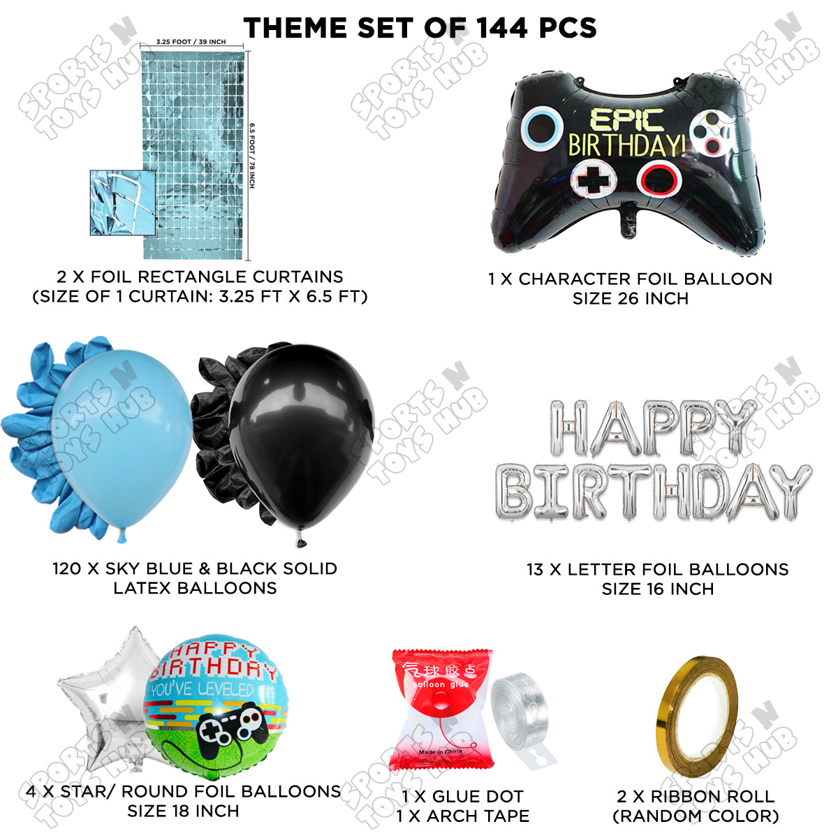 Game Controller Foil Balloon Set With Happy Birthday Foil Letter Arch Theme - Blue & Black
