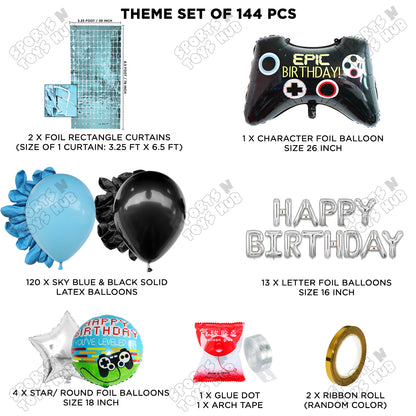 Game Controller Foil Balloon Set With Happy Birthday Foil Letter Arch Theme - Blue & Black