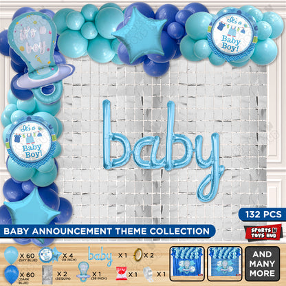 Pacifier Foil Balloon Set With Baby Cursive Foil Letter Dark Blue & Sky Blue Latex Balloon Arch Theme - Pack Of 132