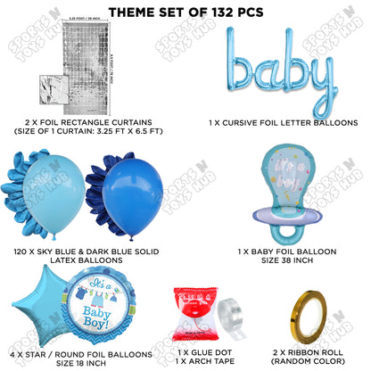 Pacifier Foil Balloon Set With Baby Cursive Foil Letter Dark Blue & Sky Blue Latex Balloon Arch Theme - Pack Of 132