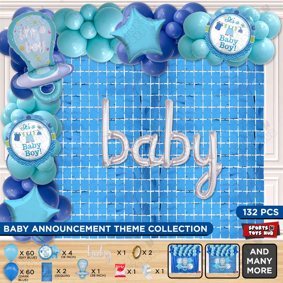Pacifier Foil Balloon Set With Baby Cursive Foil Letter Dark Blue & Sky Blue Latex Balloon Arch Theme - Pack Of 132