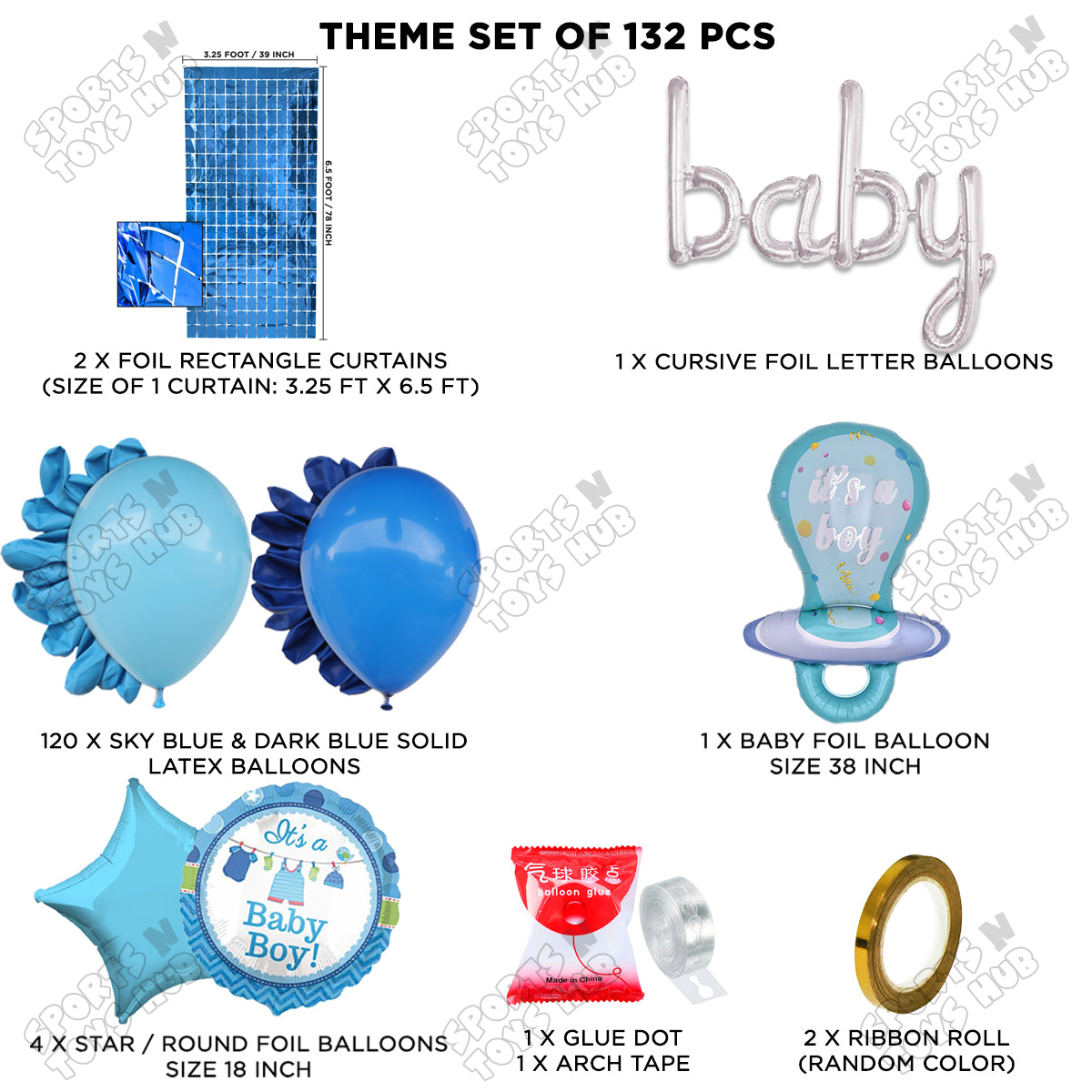 Pacifier Foil Balloon Set With Baby Cursive Foil Letter Dark Blue & Sky Blue Latex Balloon Arch Theme - Pack Of 132