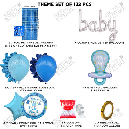 Pacifier Foil Balloon Set With Baby Cursive Foil Letter Dark Blue & Sky Blue Latex Balloon Arch Theme - Pack Of 132