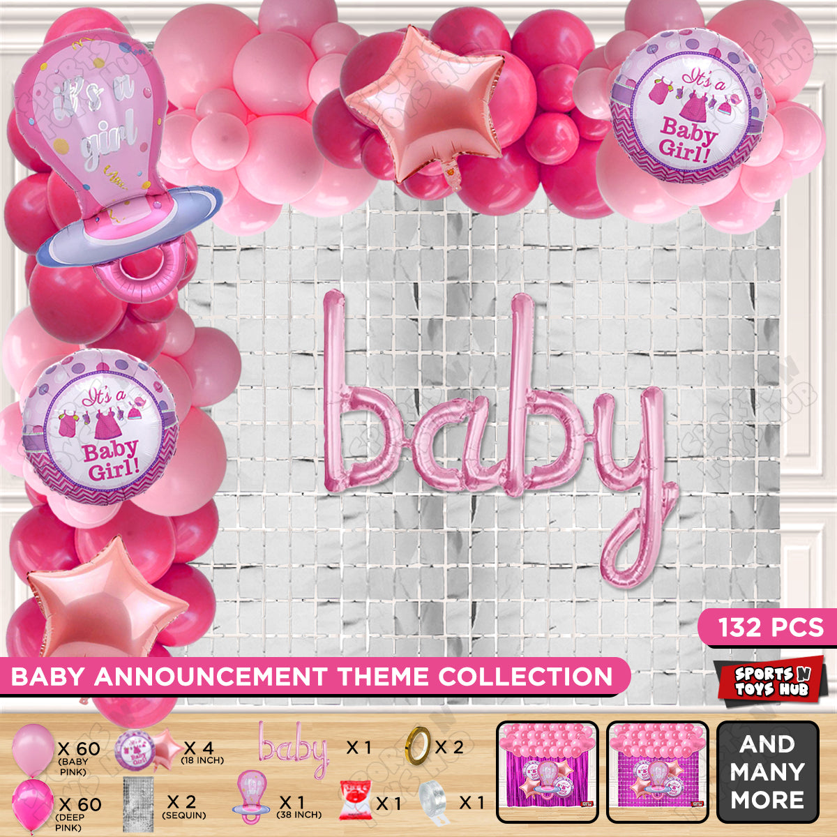 Pacifier Foil Balloon Set With Baby Cursive Foil Letter Deep Pink & Baby Pink Latex Balloon Arch Theme - Pack Of 132