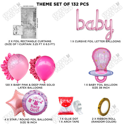 Pacifier Foil Balloon Set With Baby Cursive Foil Letter Deep Pink & Baby Pink Latex Balloon Arch Theme - Pack Of 132