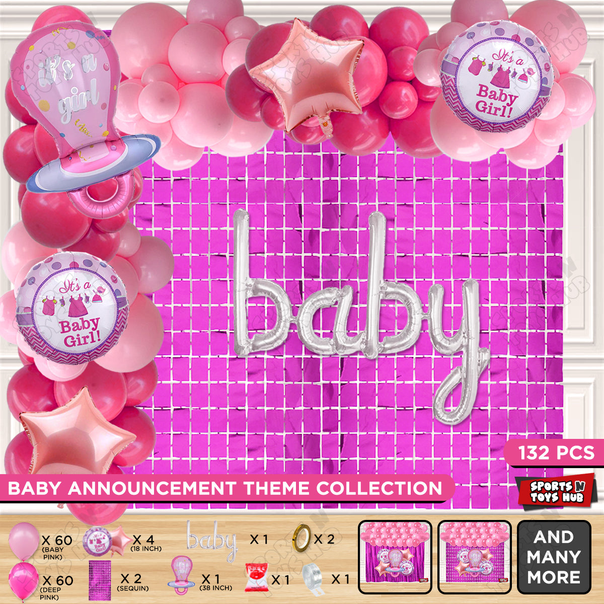 Pacifier Foil Balloon Set With Baby Cursive Foil Letter Deep Pink & Baby Pink Latex Balloon Arch Theme - Pack Of 132
