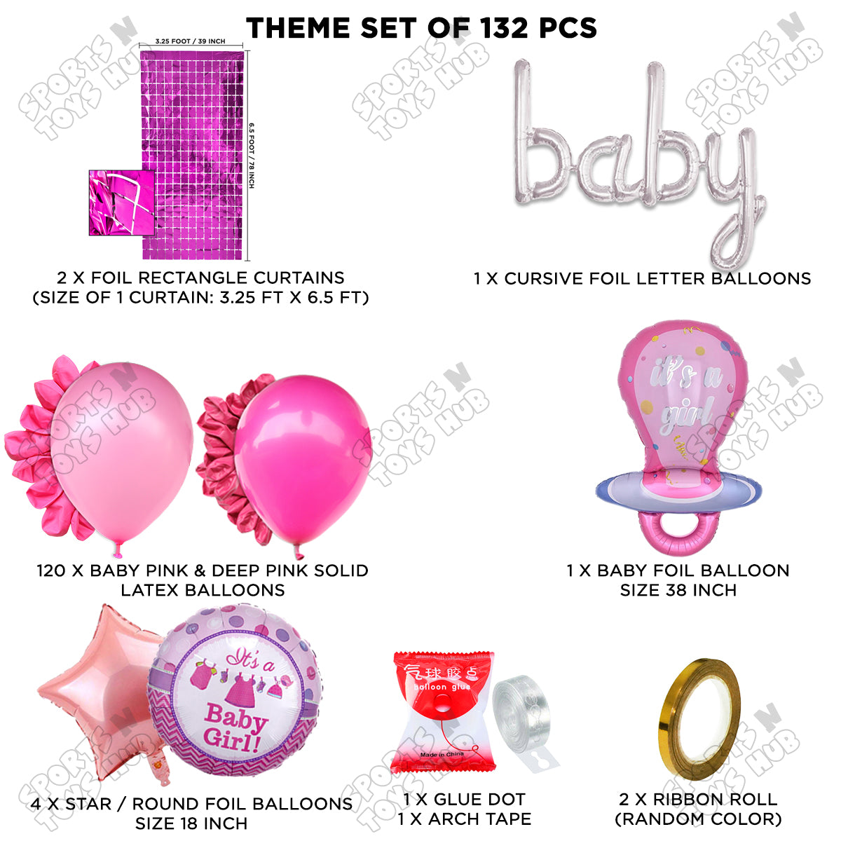 Pacifier Foil Balloon Set With Baby Cursive Foil Letter Deep Pink & Baby Pink Latex Balloon Arch Theme - Pack Of 132