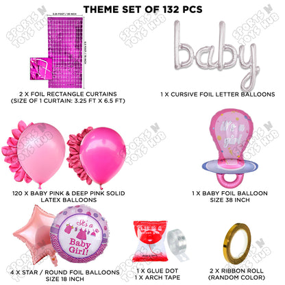 Pacifier Foil Balloon Set With Baby Cursive Foil Letter Deep Pink & Baby Pink Latex Balloon Arch Theme - Pack Of 132