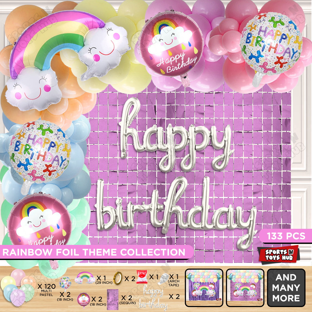 HBD Rainbow Foil Balloon Set With Happy Birthday Cursive Foil Letter Balloon Arch Theme