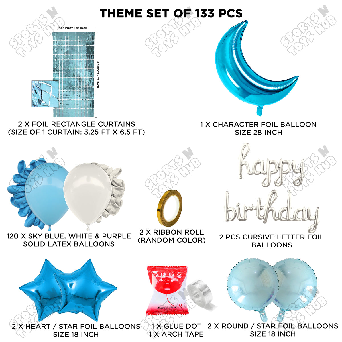Crescent Moon Pacific Blue Color Foil Balloon Set With Happy Birthday Cursive Foil Letter Balloon Arch Theme