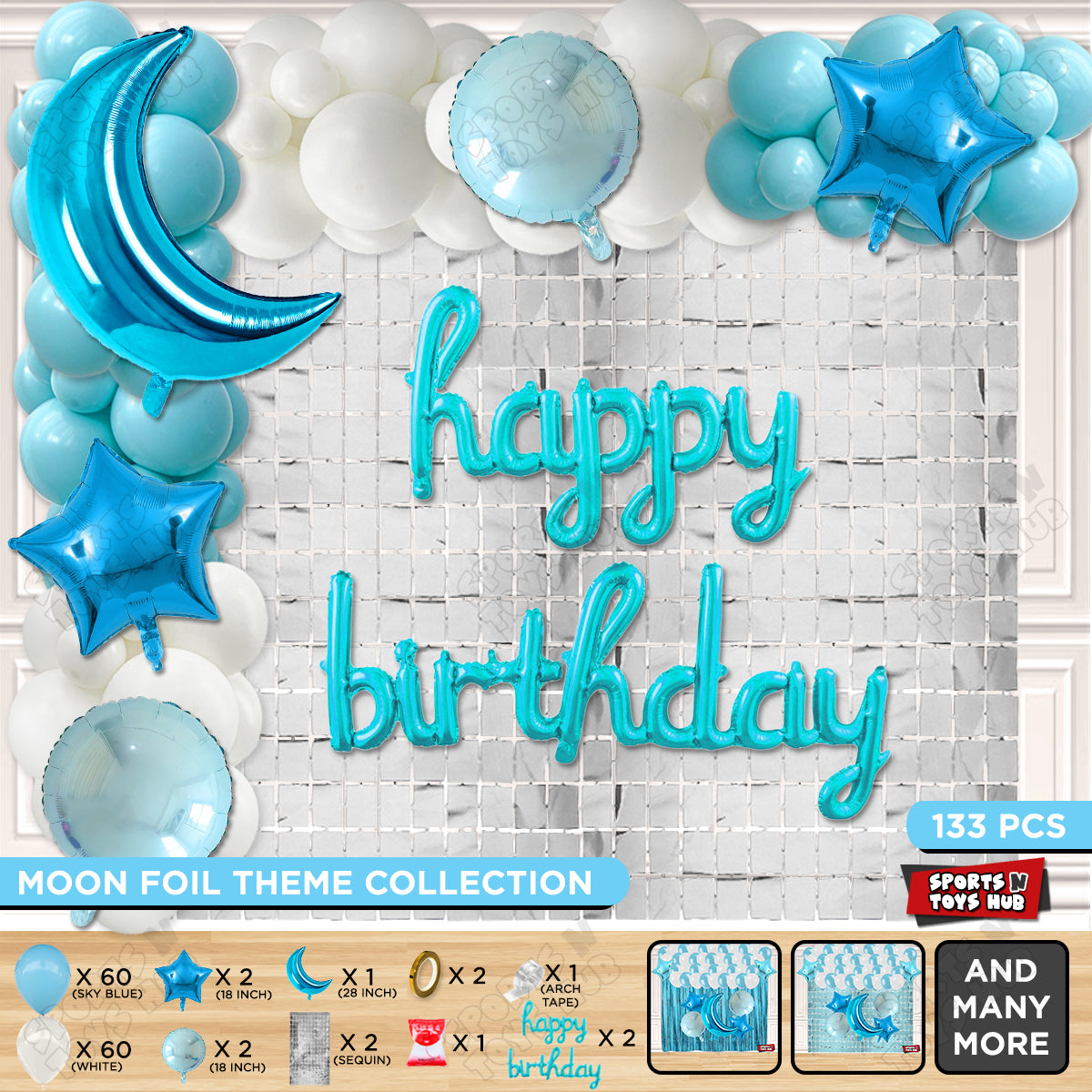 Crescent Moon Pacific Blue Color Foil Balloon Set With Happy Birthday Cursive Foil Letter Balloon Arch Theme