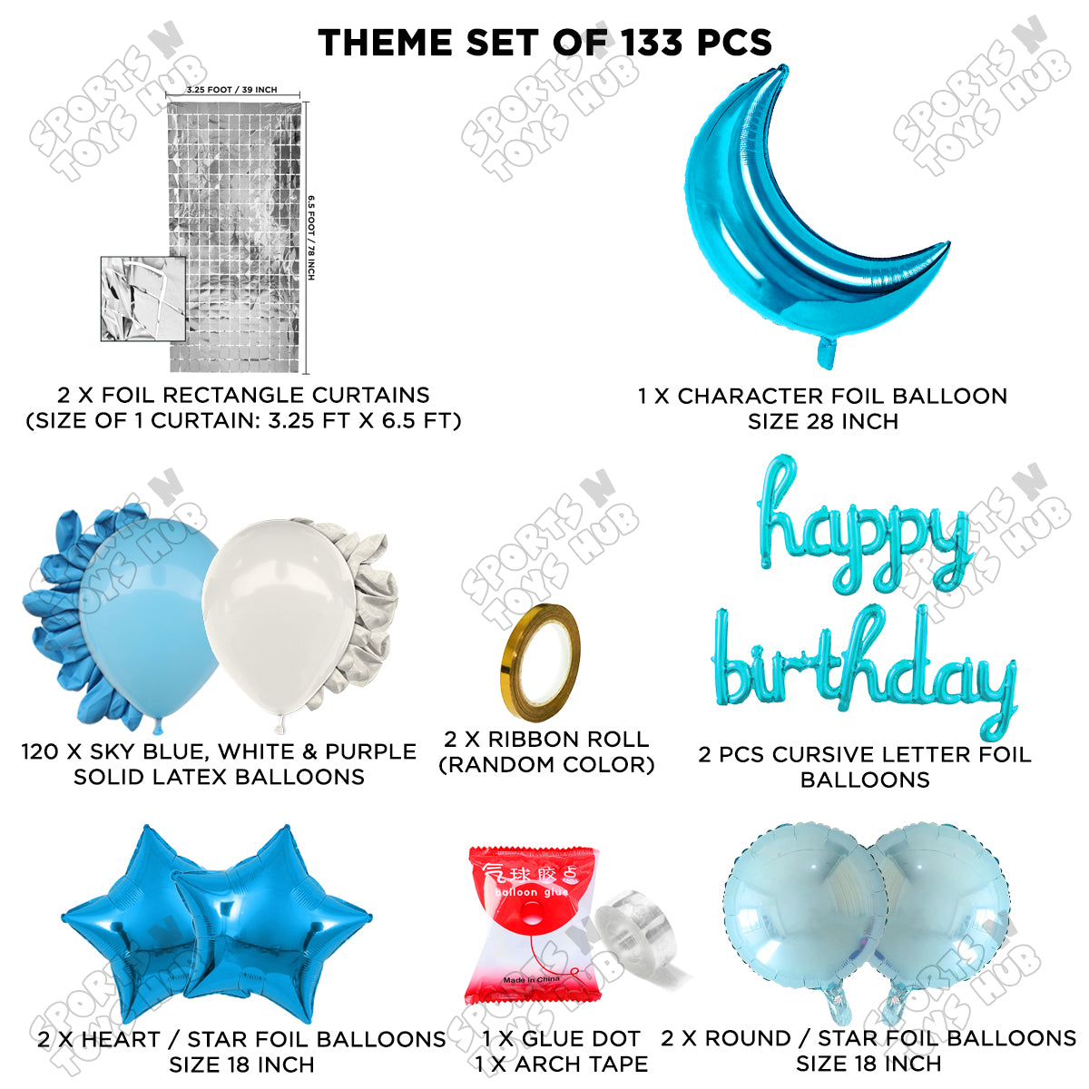 Crescent Moon Pacific Blue Color Foil Balloon Set With Happy Birthday Cursive Foil Letter Balloon Arch Theme