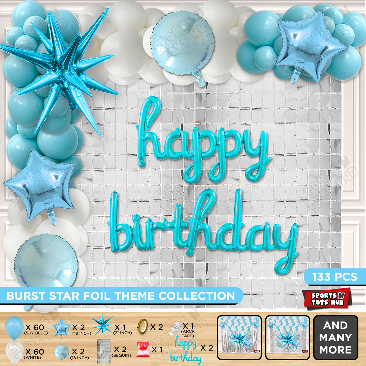 Brust Star Blue Color Foil Balloon Set With Happy Birthday Cursive Foil Letter Balloon Arch Theme