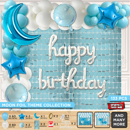 Crescent Moon Pacific Blue Color Foil Balloon Set With Happy Birthday Cursive Foil Letter Balloon Arch Theme