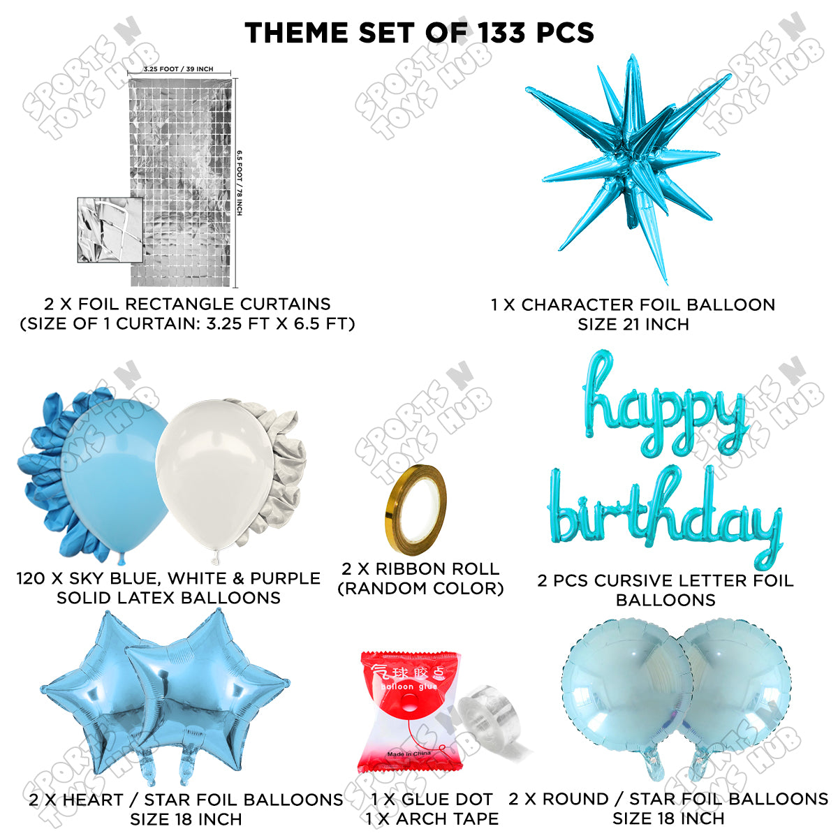 Brust Star Blue Color Foil Balloon Set With Happy Birthday Cursive Foil Letter Balloon Arch Theme