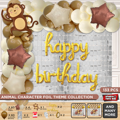 Jungle Safari Monkey Foil Balloon Set With Happy Birthday Cursive Foil Letter Arch Theme
