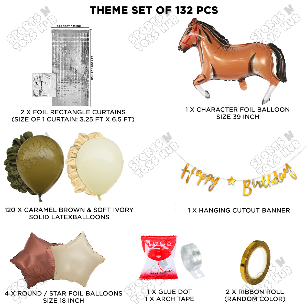 Cartoon Brown Horse Theme Foil Balloon Set with Happy Birthday Cursive Card Banner Arch Theme
