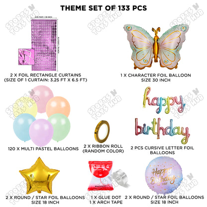 Butterfly Foil Wing Pattern Balloon With Happy Birthday Cursive Foil Letter Arch Theme - Pack Of 133