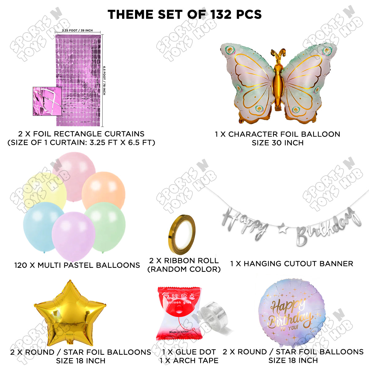 Butterfly Wing Pattern Foil Balloon Set With Happy Birthday Cursive Banner Arch Theme - Pack Of 132