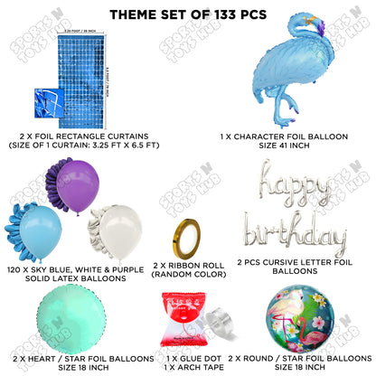 Flamingo Bird Blue Color Foil Balloon Set With Happy Birthday Cursive Foil Letters Theme
