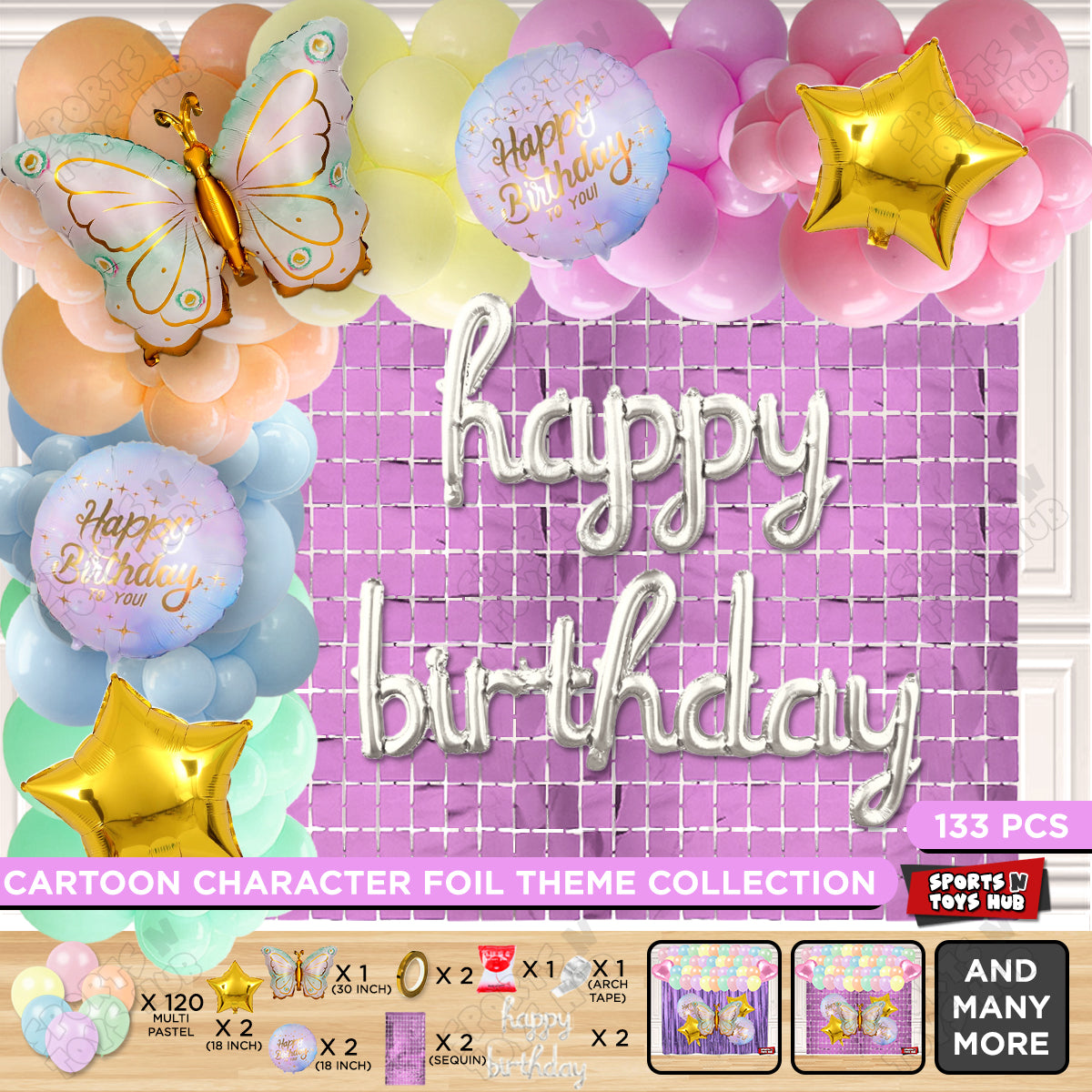 Butterfly Foil Wing Pattern Balloon With Happy Birthday Cursive Foil Letter Arch Theme - Pack Of 133