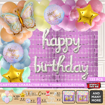 Butterfly Foil Wing Pattern Balloon With Happy Birthday Cursive Foil Letter Arch Theme - Pack Of 133