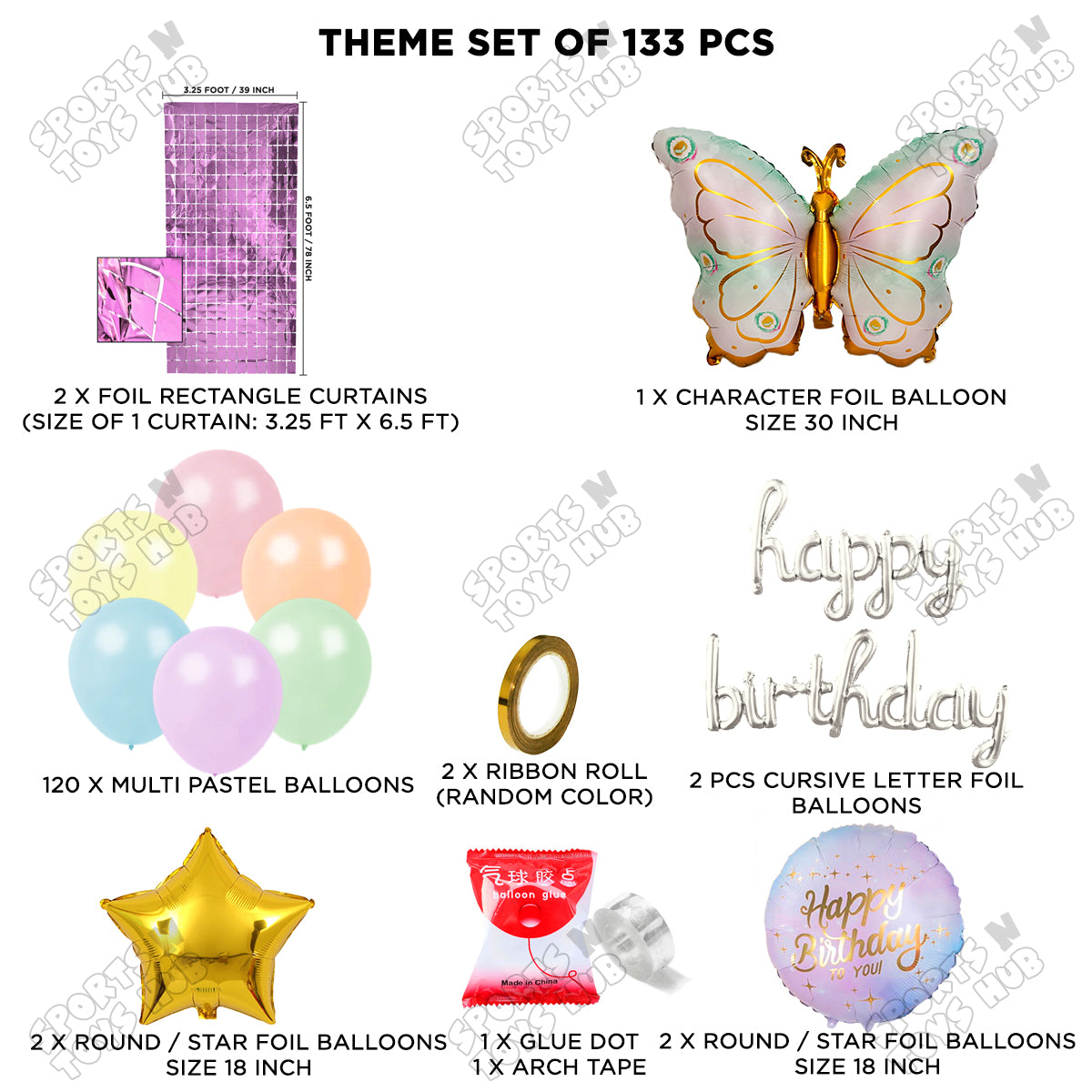 Butterfly Foil Wing Pattern Balloon With Happy Birthday Cursive Foil Letter Arch Theme - Pack Of 133