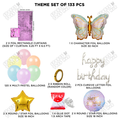 Butterfly Foil Wing Pattern Balloon With Happy Birthday Cursive Foil Letter Arch Theme - Pack Of 133
