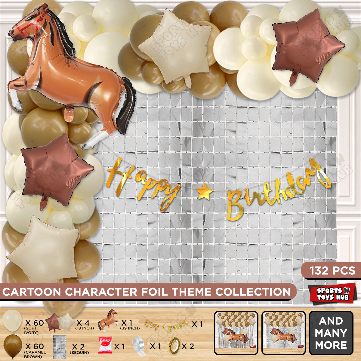 Cartoon Brown Horse Theme Foil Balloon Set with Happy Birthday Cursive Card Banner Arch Theme