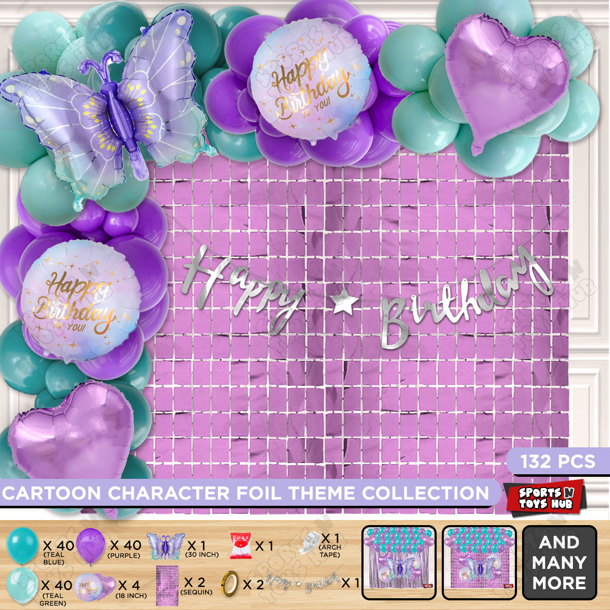 Gradient Blue & Purple Color Butterfly Foil Balloon Set With Happy Birthday Cursive Banner Arch Theme - Pack Of 132
