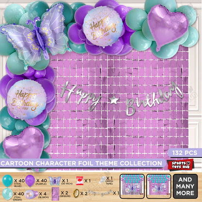 Gradient Blue & Purple Color Butterfly Foil Balloon Set With Happy Birthday Cursive Banner Arch Theme - Pack Of 132