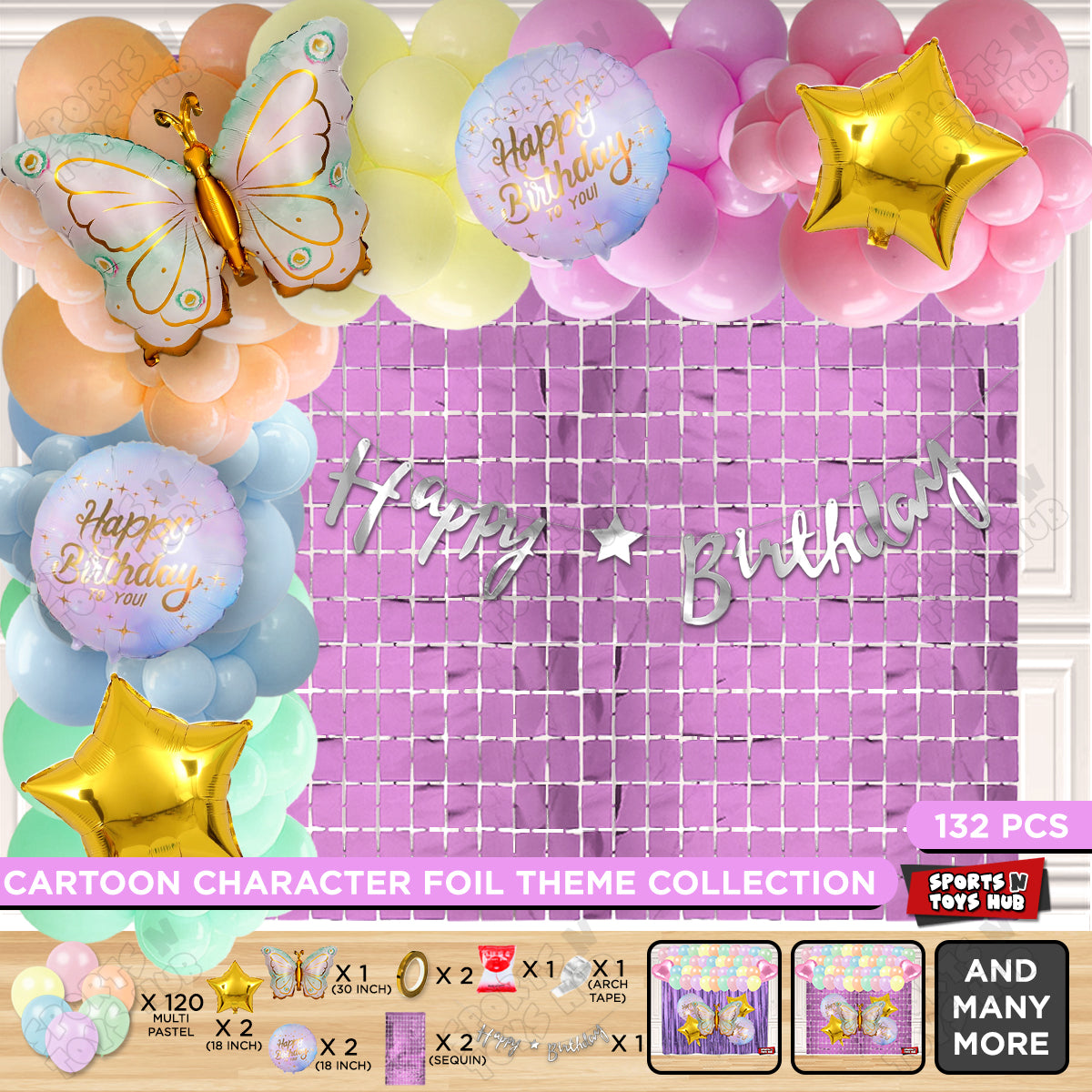 Butterfly Wing Pattern Foil Balloon Set With Happy Birthday Cursive Banner Arch Theme - Pack Of 132