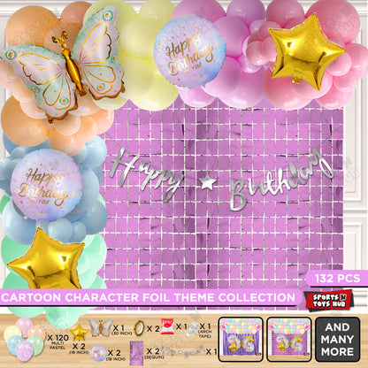 Butterfly Wing Pattern Foil Balloon Set With Happy Birthday Cursive Banner Arch Theme - Pack Of 132