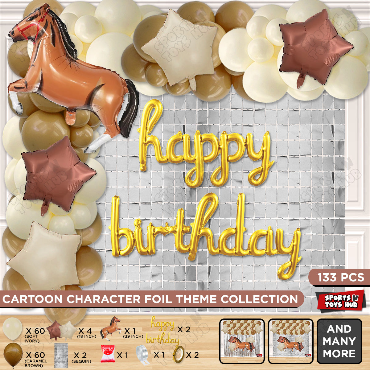 Cartoon Brown Horse Theme Foil Balloon Set with Happy Birthday Cursive Foil Letter Arch Theme