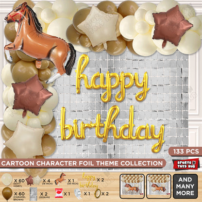 Cartoon Brown Horse Theme Foil Balloon Set with Happy Birthday Cursive Foil Letter Arch Theme
