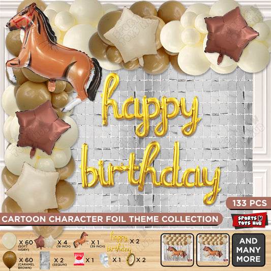 Cartoon Brown Horse Theme Foil Balloon Set with Happy Birthday Cursive Foil Letter Arch Theme