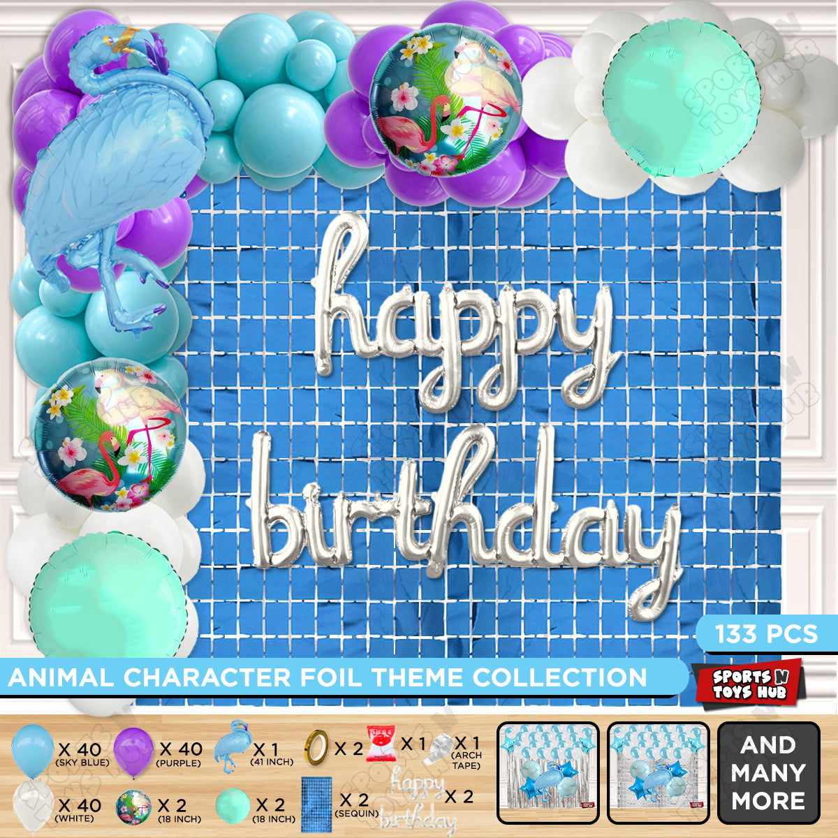 Flamingo Bird Blue Color Foil Balloon Set With Happy Birthday Cursive Foil Letters Theme