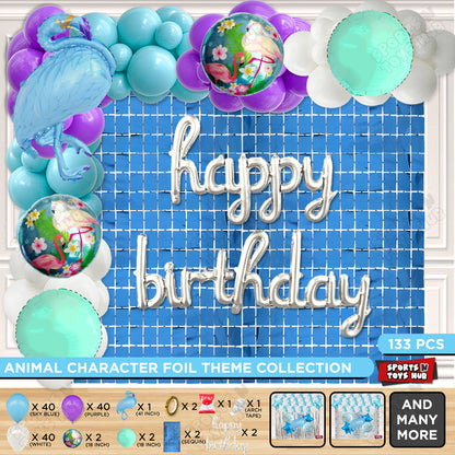 Flamingo Bird Blue Color Foil Balloon Set With Happy Birthday Cursive Foil Letters Theme