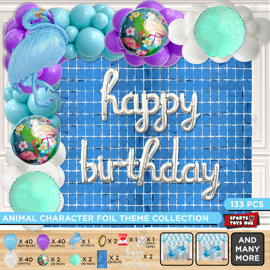 Flamingo Bird Blue Color Foil Balloon Set With Happy Birthday Cursive Foil Letters Theme