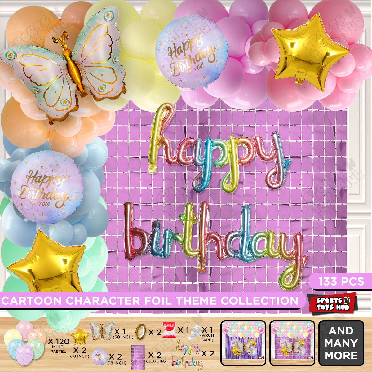 Butterfly Foil Wing Pattern Balloon With Happy Birthday Cursive Foil Letter Arch Theme - Pack Of 133
