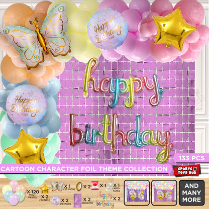 Butterfly Foil Wing Pattern Balloon With Happy Birthday Cursive Foil Letter Arch Theme - Pack Of 133