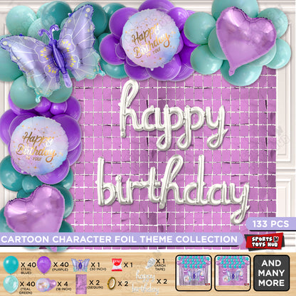 Gradient Blue & Purple Color Butterfly Foil Balloon With Happy Birthday Cursive Foil Letter Arch Theme - Pack Of 133