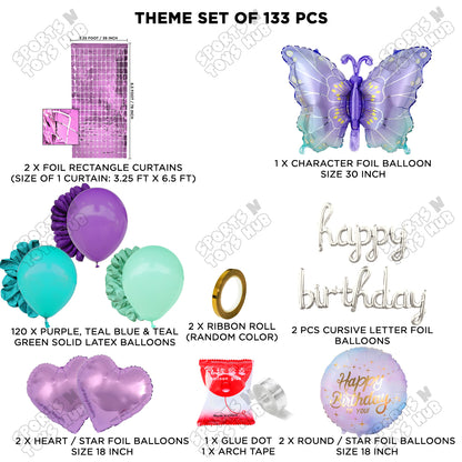 Gradient Blue & Purple Color Butterfly Foil Balloon With Happy Birthday Cursive Foil Letter Arch Theme - Pack Of 133
