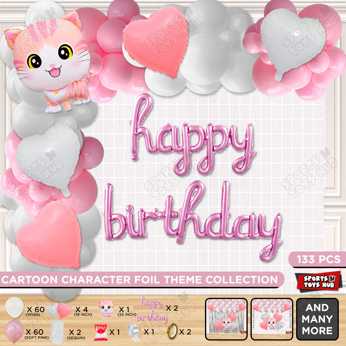 Cartoon Cat Foil Balloon Set With Foil Letter Arch Theme