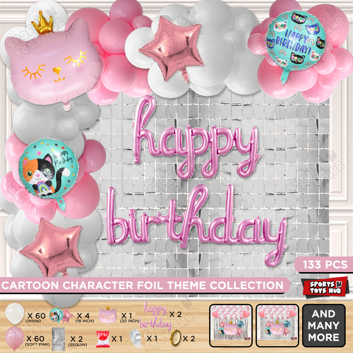 Cartoon Crown Pink Kitten Cat Foil Balloon Set With Happy Birthday Cursive Foil Letter Arch Theme