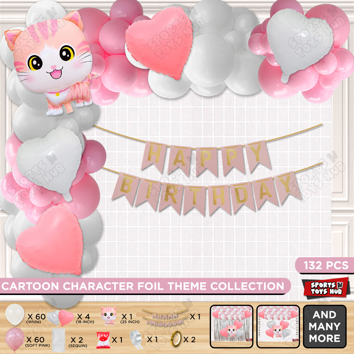 Cartoon Cat Foil Balloon Set With Card Banner Arch Theme