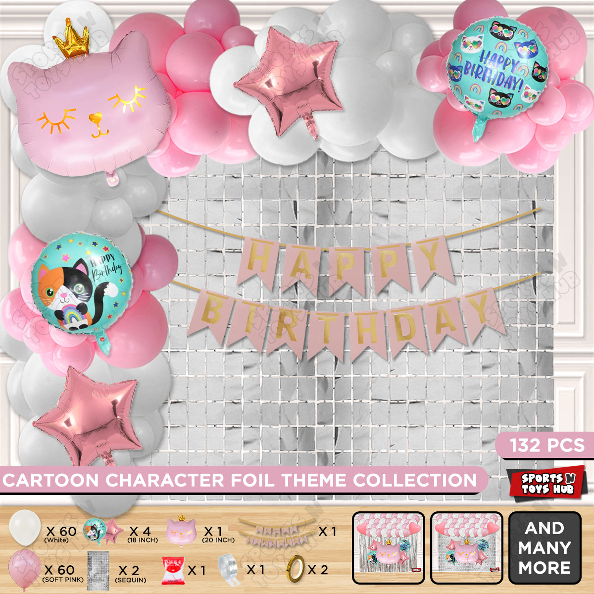 Cartoon Crown Pink Kitten Cat Foil Balloon Set With Happy Birthday Card Banner Arch Theme