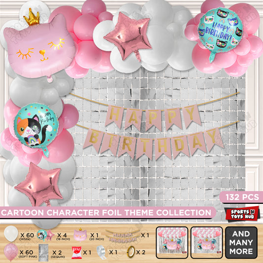 Cartoon Crown Pink Kitten Cat Foil Balloon Set With Happy Birthday Card Banner Arch Theme