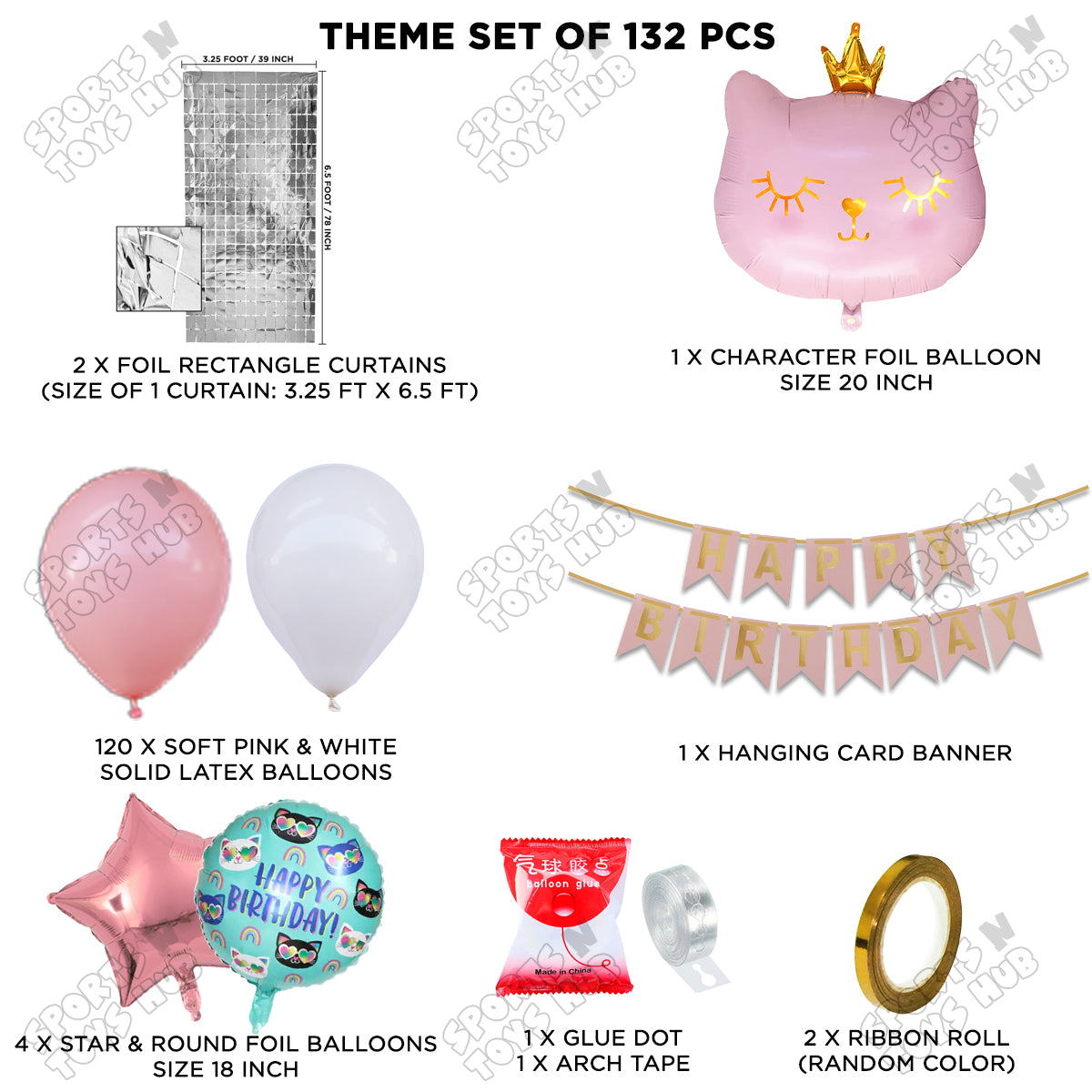 Cartoon Crown Pink Kitten Cat Foil Balloon Set With Happy Birthday Card Banner Arch Theme