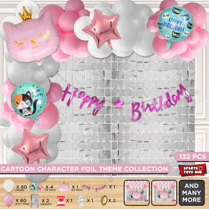 Cartoon Crown Pink Kitten Cat Foil Balloon Set With Happy Birthday Cursive Card Banner Arch Theme